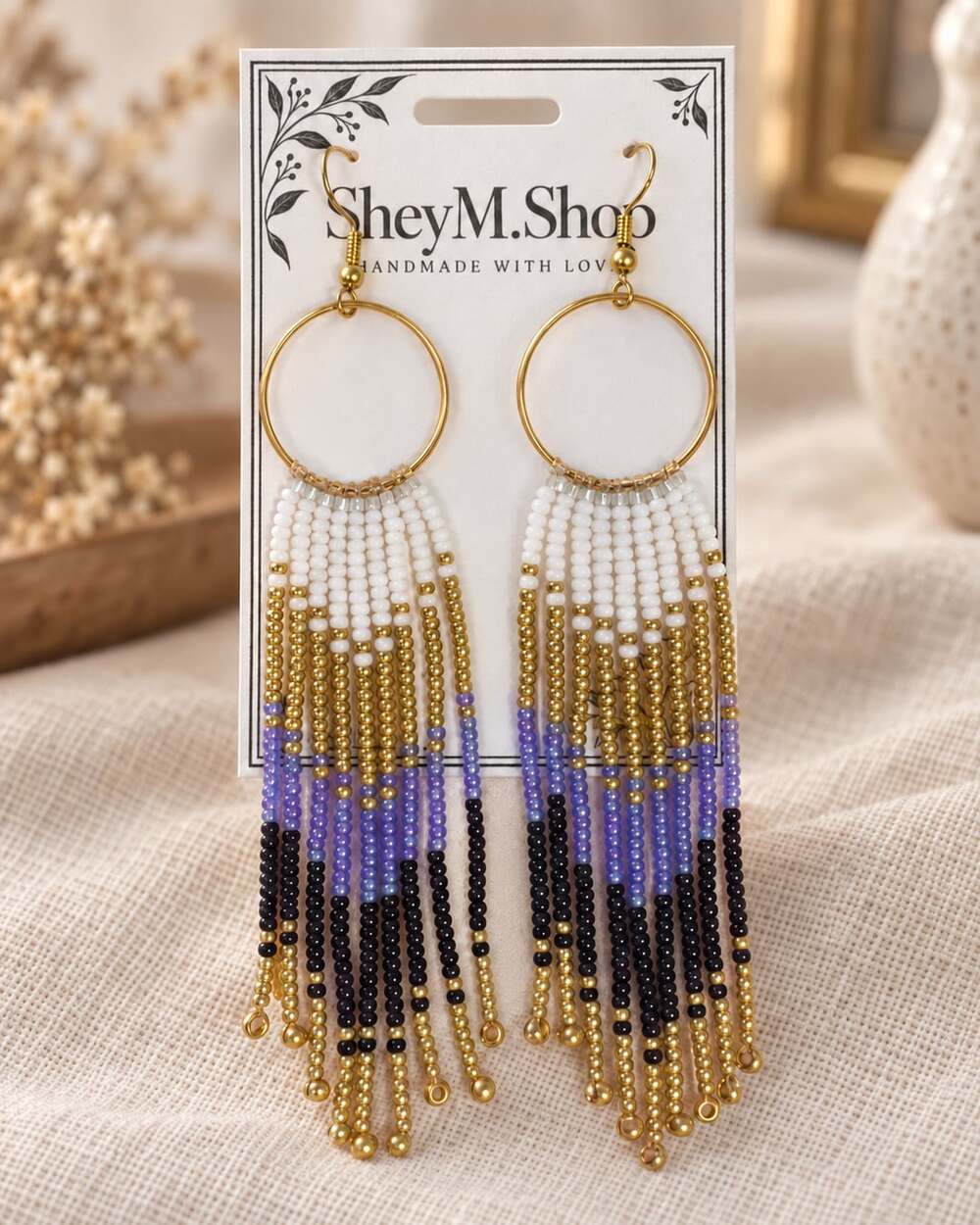 Shey M. Shop Beaded Fringe Hoop Earrings White Gold Purple